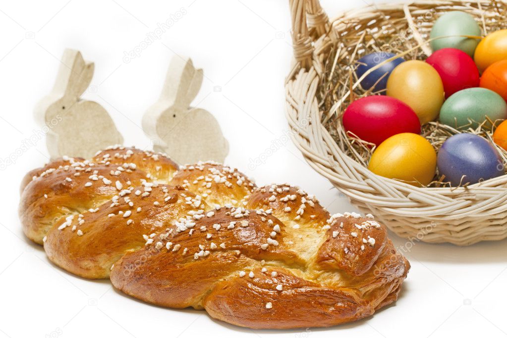 Home made sweet braided bread with easter bunnies