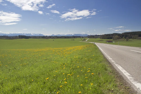 Jarní krajina v Bavorsku, Německo, země silnice — Stock fotografie