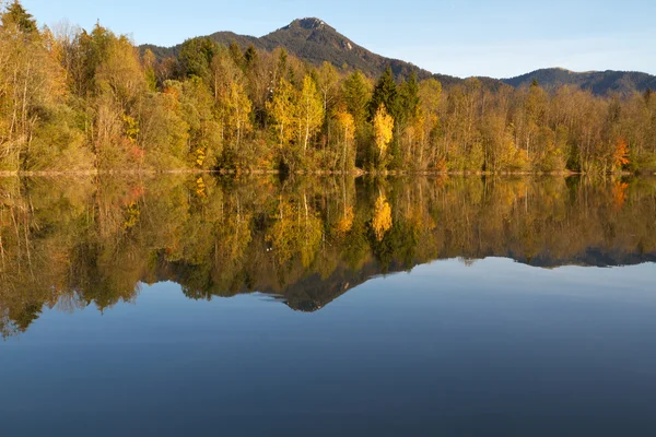 Alberi con foglie autunnali su un lago in Baviera, Germania — Foto Stock