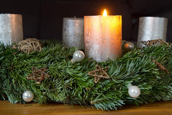 Advent wreath with one burning candle — Stock Photo, Image