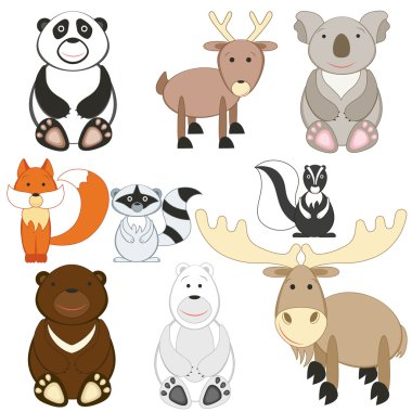 Cute cartoon animals set on white background clipart