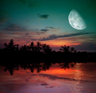 The ocean, sunset and moon clipart