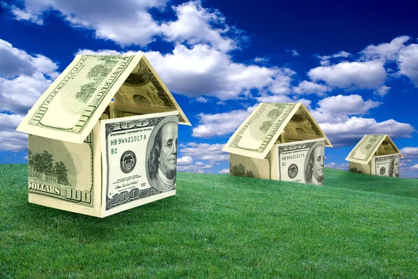 stock image Three houses on a lawn