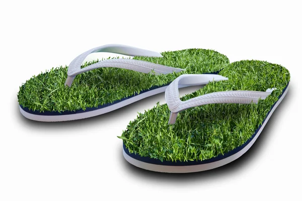 Beach slippers with a grass on city asphalt — Stock Photo, Image