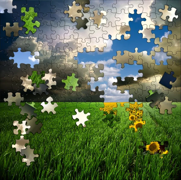 stock image Puzzle hill with sky and clouds