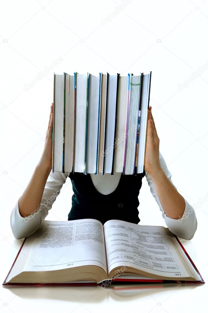 The girl and is a lot of textbooks. It is isolated