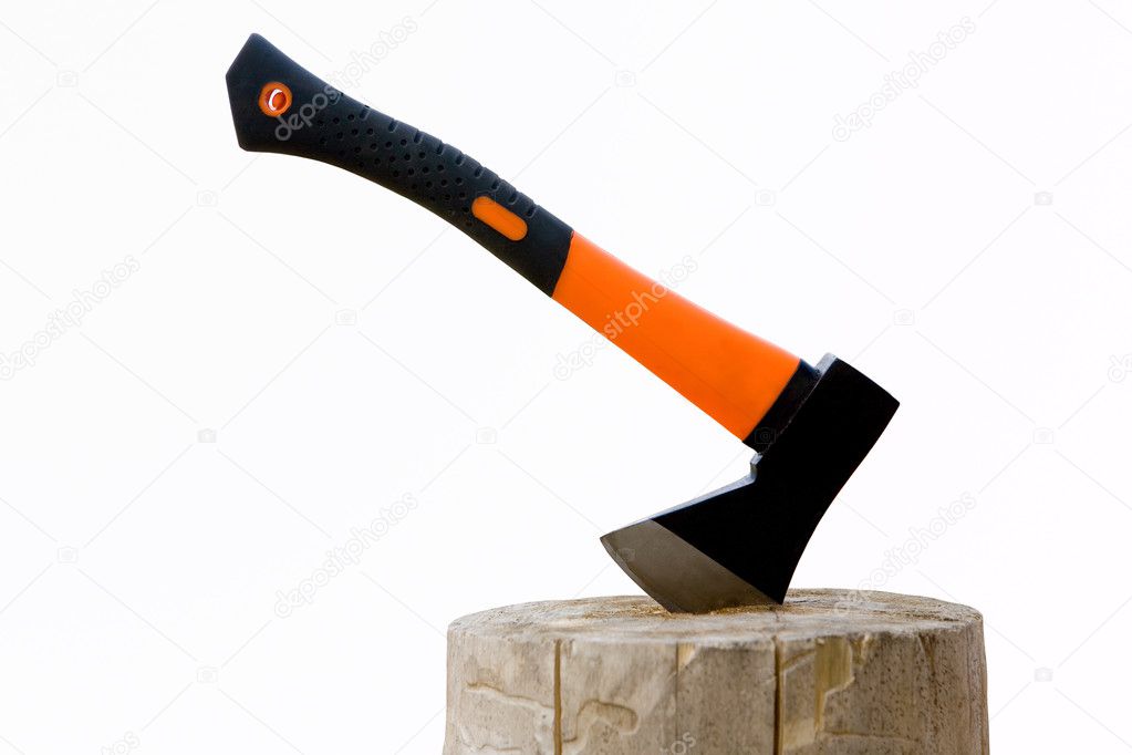 Axe and log on a white background. It is isolated
