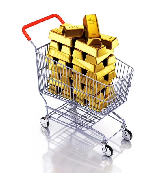 Barras de ouro no carrinho de compras — Fotografia de Stock