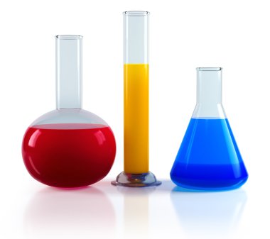 Chemical flasks with reagents 3d render clipart