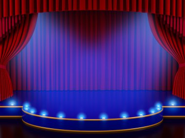 Empty stage with red curtain and volume lights (3d render) clipart