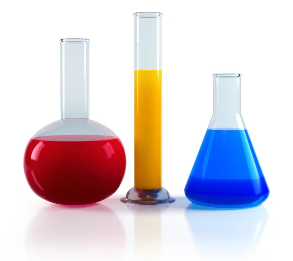 stock image Chemical flasks with reagents 3d render