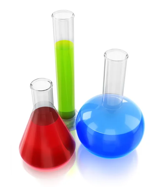 stock image Chemical flasks with reagents 3d render