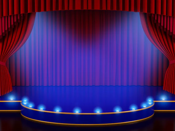 Leere Bühne mit rotem Vorhang und Lautstärkeleuchten (3D-Render)) — Stockfoto