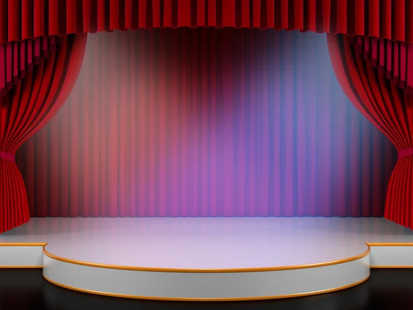 Leere Bühne mit rotem Vorhang und Lautstärkeleuchten (3D-Render)) — Stockfoto