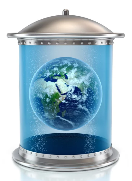 Ilustración 3D de un planeta Tierra en un tanque de almacenamiento. Total salvar el concepto de la Tierra —  Fotos de Stock