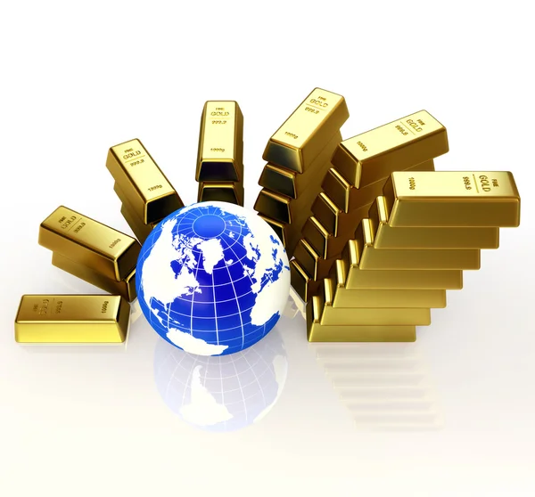 Barras de ouro gráfico abstrato e globo 3d — Fotografia de Stock