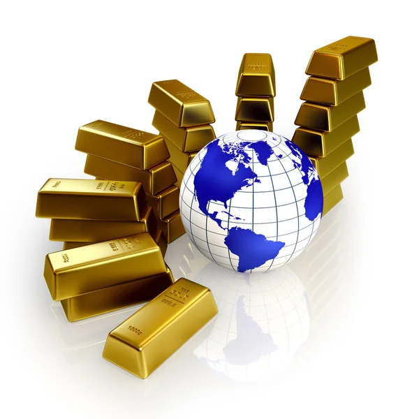 Barras de ouro gráfico abstrato e globo 3d — Fotografia de Stock