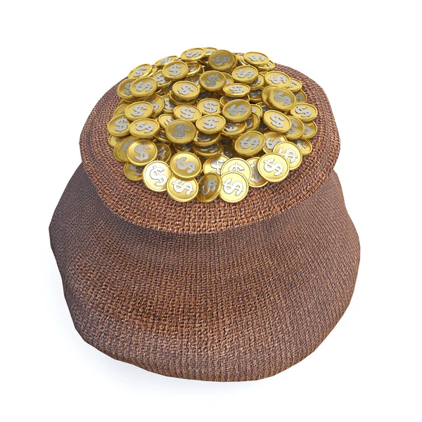 Altın madeni para dolu çanta — Stok fotoğraf