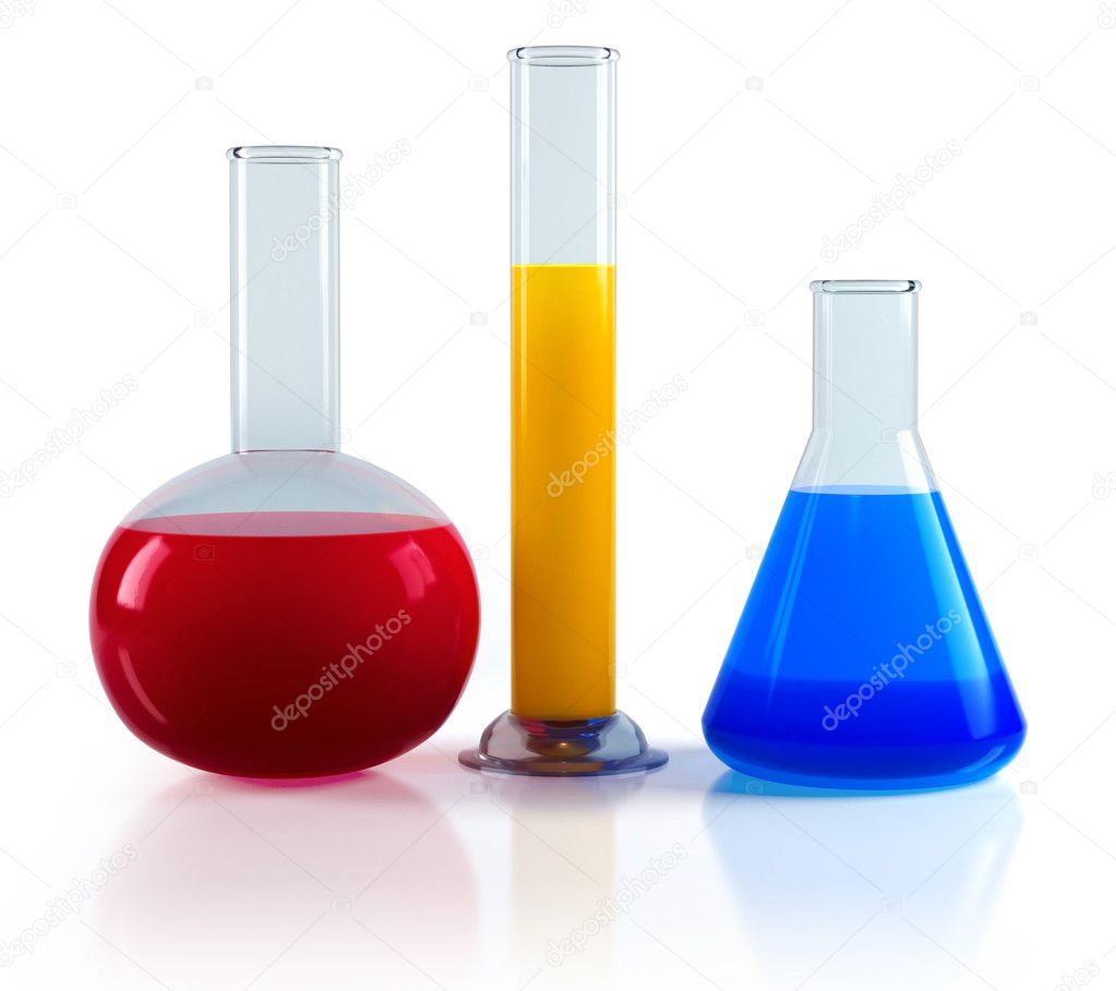 Chemical flasks with reagents 3d render