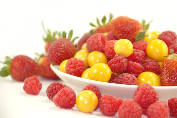 Raspberries, gooseberries and strawberries on the white plate — Stock Photo, Image