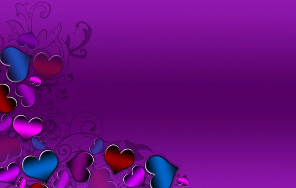Farbige Herzen, die den linken Rand auf violettem Hintergrund bilden — Stockfoto