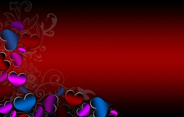 Corações coloridos fazendo a borda esquerda em um fundo vermelho escuro — Fotografia de Stock