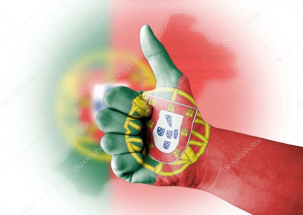Thumb up with digitally body-painted Portugal flag