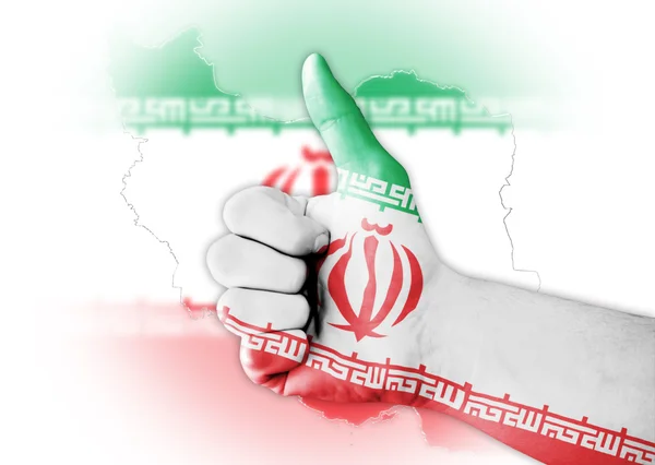 Thumb up with digitally body-painted Iran flag — Stock Photo, Image