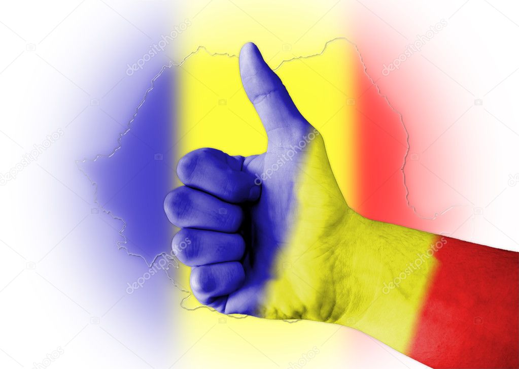 Thumb up with digitally body-painted Romania flag