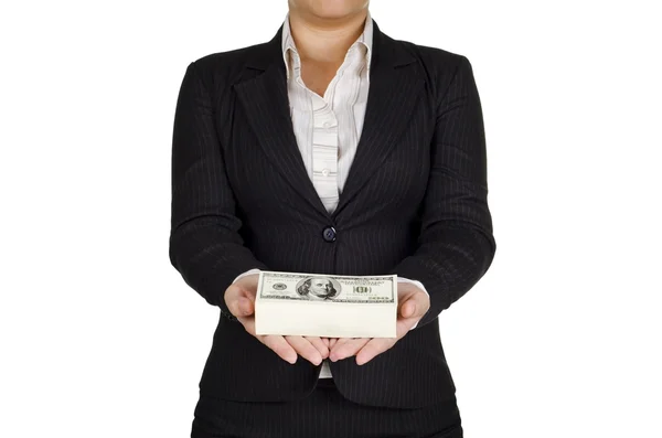 A businesswoman hold a lot of money in hand — Stock Photo, Image