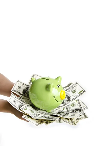 Kobieta trzyma dużo pieniędzy i piggy bank — Zdjęcie stockowe