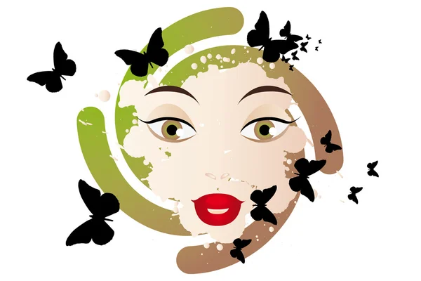 Visage abstrait d'une femme avec des papillons et des tourbillons — Image vectorielle