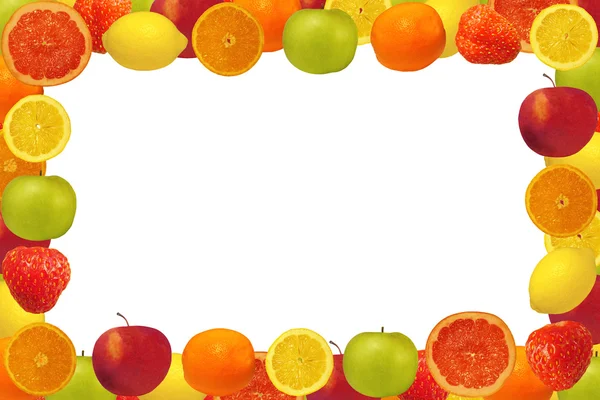Moldura de frutas e bagas com um fundo branco — Fotografia de Stock