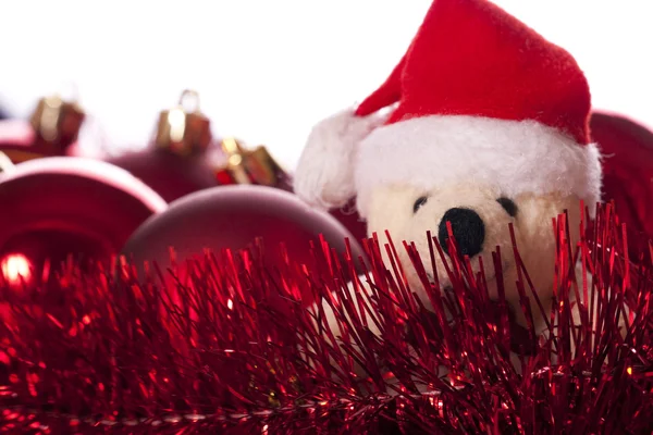Christmas: balls, ribbons and teddy bear — Stock Photo, Image