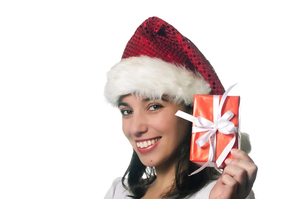 Menina de Natal bonita com um presente — Fotografia de Stock