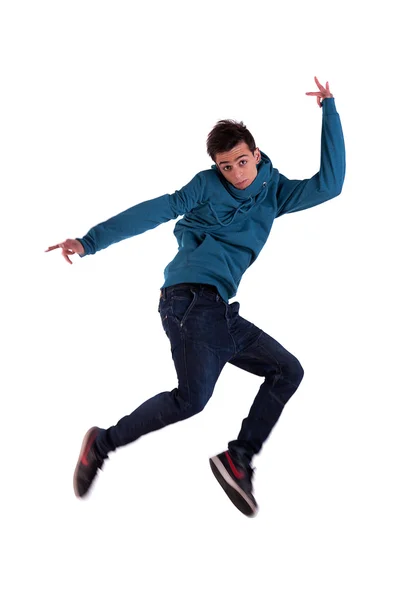아주 행복 한 젊은이, 그의 팔을 가진 점프의 열고에 고립 된 흰색 배경, 스튜디오 촬영 — 스톡 사진