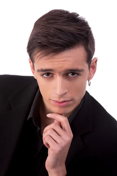 Handsome young man, thinking, isolated on white background, studio shot — Stock Photo, Image