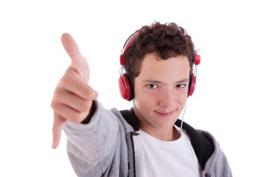 Happy young man with red headphones, and thumb up, isolated on white background, studio session clipart