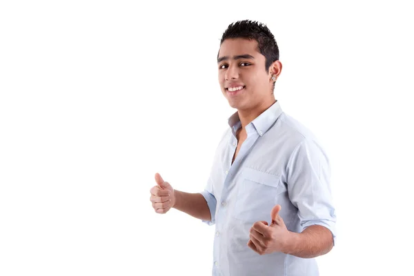 Hombre latino joven con pulgares levantados como signo de ok, aislado sobre fondo blanco. plano de estudio —  Fotos de Stock