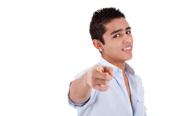 Young and happy latin man pointing, isolated on a white background, studio shot — Stock Photo, Image