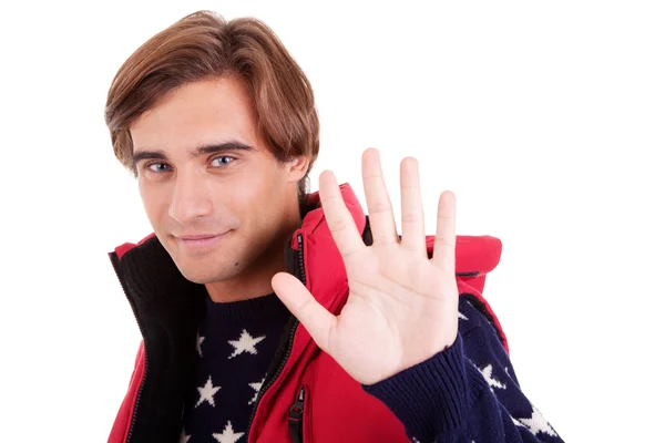 5 本の指、白い背景に分離を示す幸せな男性スタジオ ショット — ストック写真