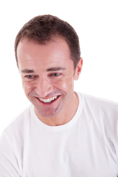 Portrét pohledný muž středního věku, který je šťastný, na bílém pozadí. Studio záběr — Stock fotografie