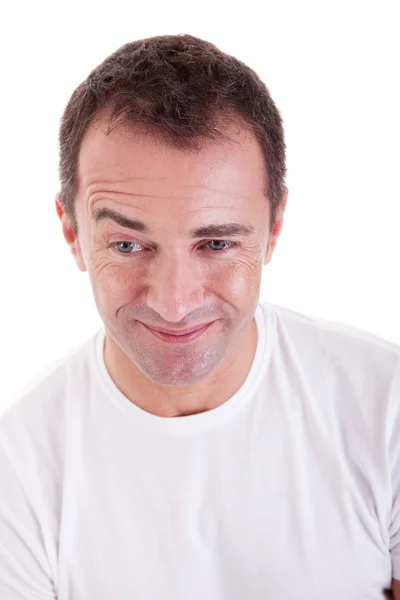 Retrato de un apuesto hombre de mediana edad feliz, sobre fondo blanco. Captura de estudio —  Fotos de Stock