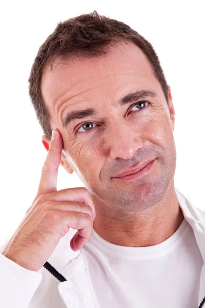 Προσωπογραφία άνδρα μέσης ηλικίας σκέψης, κοιτώντας ψηλά, απομονωμένα σε λευκό. Studio που γυρίστηκε — Φωτογραφία Αρχείου