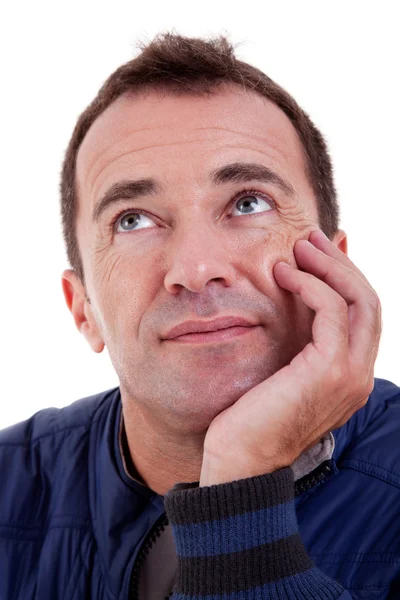 Portrait of a middle-age man looking up, isolated on white. Studio shot — Stock Photo, Image