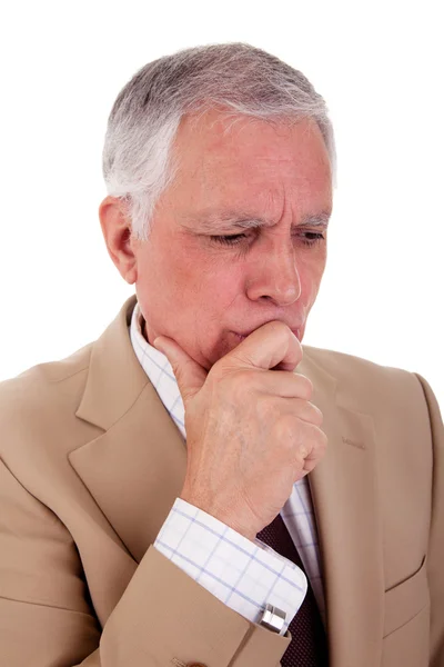 Portrait of a handsome mature businessman, thinking, on white background, studio shot — Stock Photo, Image