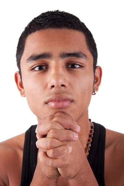 Genç ve yakışıklı latin adam, düşünme, beyaz, stüdyo çekim izole yüz - tutan el ile — Stok fotoğraf