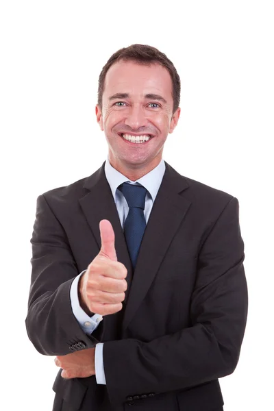 Schöner Geschäftsmann mit erhobenem Daumen als Zeichen des Erfolgs, isoliert auf weißem Hintergrund. Studioaufnahme — Stockfoto