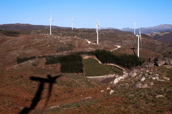 Montaña donde los árboles dibujan un corazón con energía de molinos de viento, en el cielo azul — Foto de Stock