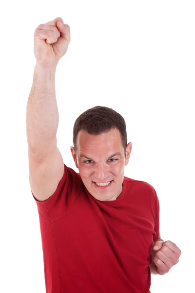 Retrato de um homem feliz com o braço levantado, sobre fundo branco. Estúdio — Fotografia de Stock